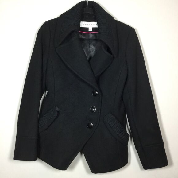 Trina Turk Lambswool black winter coat knitted collar and pockets Sz 6 80% wool - Picture 1 of 10